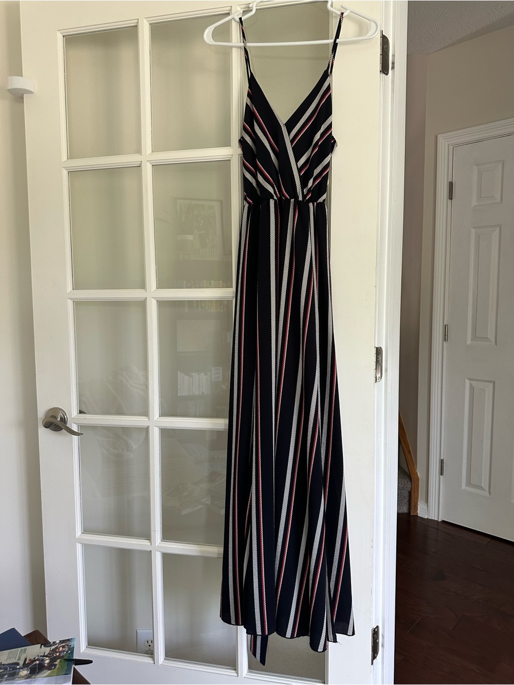 Navy Striped V-Neck Maxi Dress with Spaghetti Straps